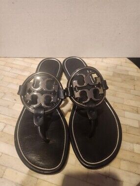 Tory Burch Rare Silver Logo navy Miller sandals size 9